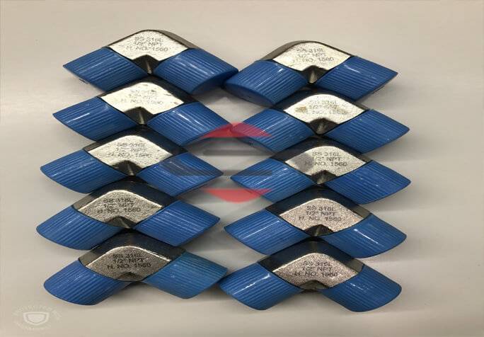 A Group Of Blue And Silver Stainless Steel Fitting